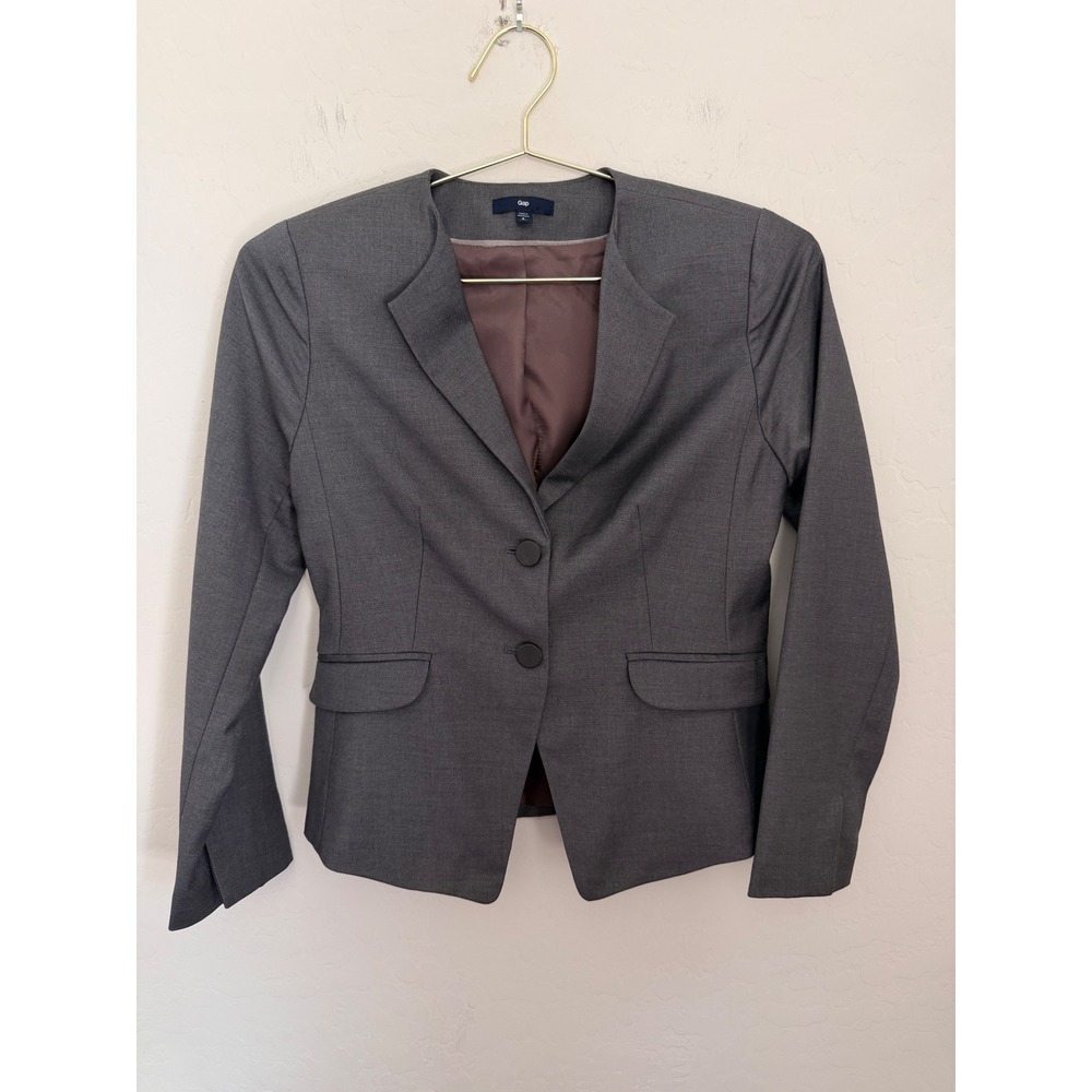 Gap Womens 0 Petite Gray Collarless Two Button Blazer Lined Career Suit Jacket
